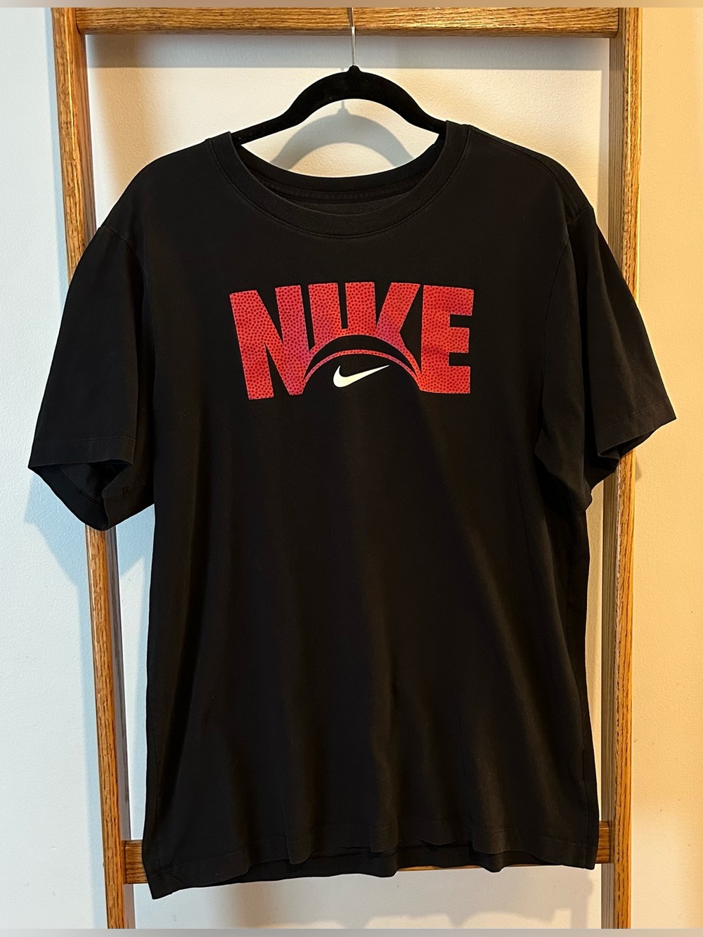 Nike Black Basketball T-Shirt with Red NIKE Text and White Swoosh